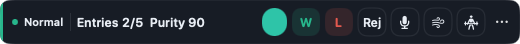 The Untilt HUD bar in its normal state: Normal mode, entries 2 of 5 logged, purity 90, and hotkey buttons.